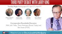 Third Party Presidential Candidates Debate 3rd Party Candidates debate tonight (10/23/2012 9pm) on OraTV. Find out what the other 4 major candidates think and see them square off with one […]