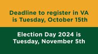 Monday may be a holiday, but don’t forget that the Virginia voter registration deadline is Tuesday, October 15, 2024! Don’t forget to register or verify: elections.virginia.gov/registration/how-to-register VA Citizen Registration Portal: […]